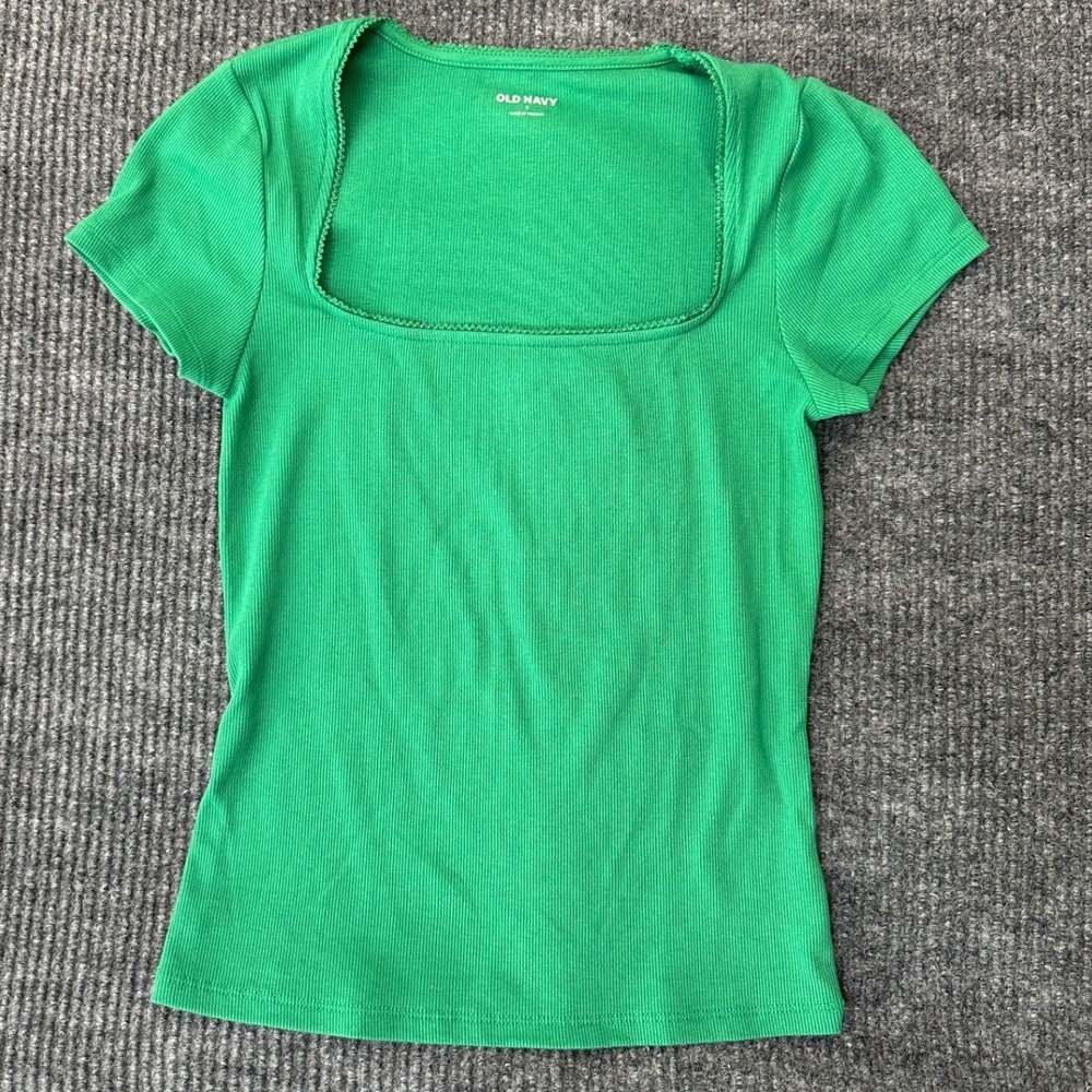 Old Navy Ribbed Square-Neck Top‎ Small Green Picot Trim Short Sleeve